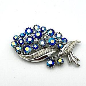 AURORA BOREALIS rhinestone brooch - vintage big 2.5" silver-tone blue floral pin